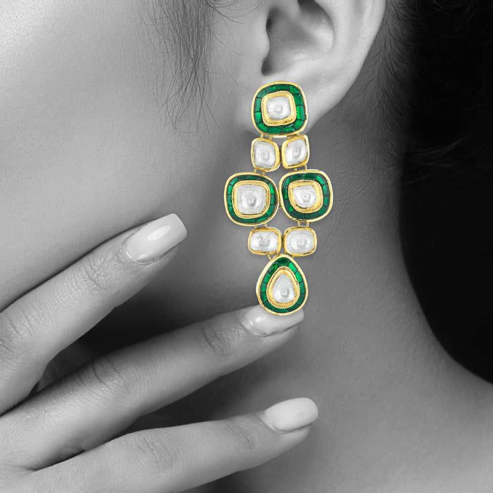 Emerald Green Talaf Polki Earrings with Tiered Polkis